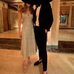 Alice and Olivia champagne colored sequin and pearl dress